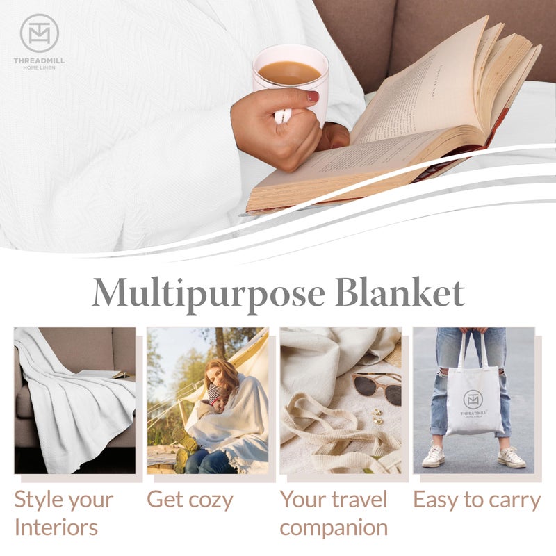 Threadmill Luxury Cotton Blanket for Queen Size Bed | All-Seasons Breathable Oeko TEX 100% Cotton Queen Blanket | Cozy, Soft Fall Thermals fits Full Size Bed, 90x92 inches | White - Image 2